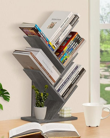 5 Tier Tree Book Shelf, Small Desktop Bookshelf with Storage Organizer, Wood Bookcase, Desk Display Bookshelves, Floor Standing Organizer Bookcases for Living Room,Bedroom,Office - Light Grey - LeafyLoom