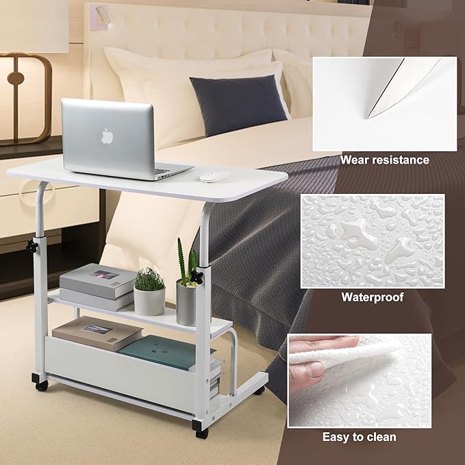 Height Adjustable Home Office Desk Movable Convenient Desk Small Spaces Computer Table Bedside Storage Desk Portable Desk Living Room Sofa Furniture Fashion Desk Size 15.7 * 31.5 Inch Pure White - LeafyLoom