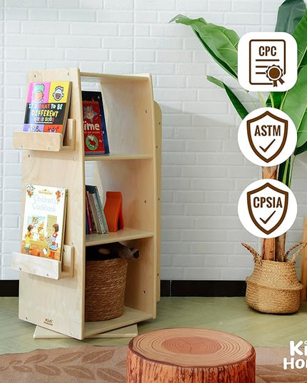 360 Degrees Rotating Bookcase Storage Organizer Wooden Display Bookshelf 3 Tier Floor Standing Bookshelves Open Design Storage Rack for Kids Children's Natural - LeafyLoom