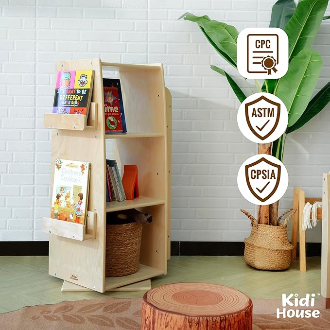 360 Degrees Rotating Bookcase Storage Organizer Wooden Display Bookshelf 3 Tier Floor Standing Bookshelves Open Design Storage Rack for Kids Children's Natural - LeafyLoom