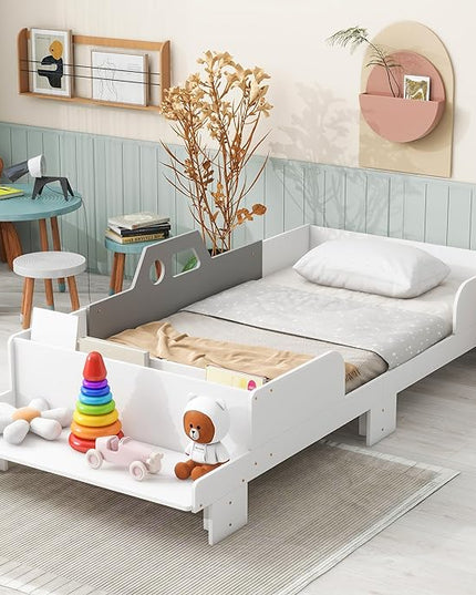 Twin Kid Bed with Headboard, Twin Bed with Footboard Bench,Wood Slat Support, Cute Kid Bed Frame with Book Storage Space, Twin Car Bed for Boys Girls Bedroom, No Box Spring Needed, White - LeafyLoom