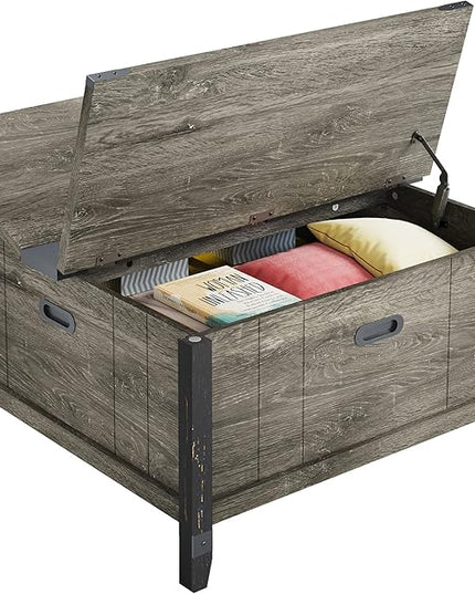Bestier Farmhouse Coffee Table, Square Wood Center Table with Large Hidden Storage Compartment for Living Room, Rustic Cocktail Table with Hinged Lift Top for Home, Grey - LeafyLoom
