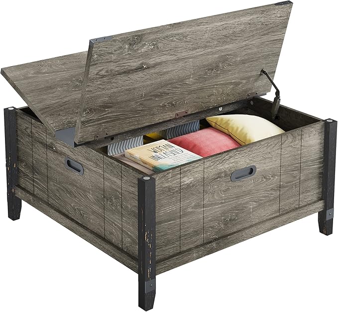 Bestier Farmhouse Coffee Table, Square Wood Center Table with Large Hidden Storage Compartment for Living Room, Rustic Cocktail Table with Hinged Lift Top for Home, Grey - LeafyLoom