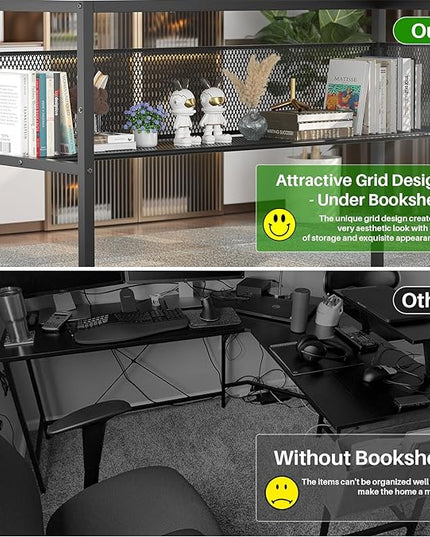 Unikito L Shaped Desk, Reversible Corner Computer Desk with Magic Power Outlets and Smart LED Light, Unique Grid Design, 55 Inch Office Desk with Monitor Stand and Storage Shelf, Black - LeafyLoom
