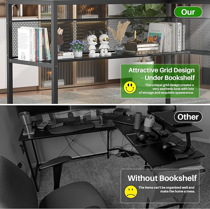 Unikito L Shaped Computer Desk with Magic Power Outlets and Smart LED Light, Reversible 55 Inch Corner Office Desk with Monitor Stand, Unique Grid Design, Gaming Table with Storage, Black Oak - LeafyLoom