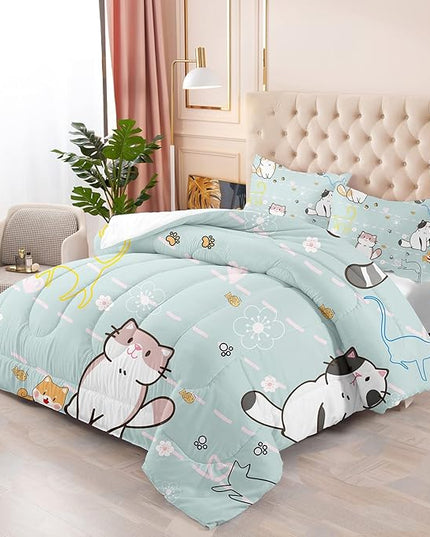 Cat Bedding Set Twin Size, Cartoon Cats Comforter for Girls Kids Teens, Blue Lovely Quilt Animal Pattern Comforter Set Soft Breathable Cute Duvet Set for All Season 2Pcs with Pillowcase - LeafyLoom