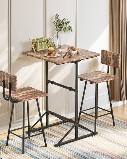 VECELO 3-Piece bar table bistro of 2 breakfast nook kitchen for pub small dining height high top with stools sofa square island indoor corner chair dinette space counter sets cafe outdoor, Brown - LeafyLoom