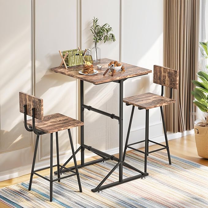 VECELO 3-Piece bar table bistro of 2 breakfast nook kitchen for pub small dining height high top with stools sofa square island indoor corner chair dinette space counter sets cafe outdoor, Brown - LeafyLoom