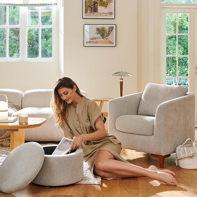 COLAMY Accent Chairs & Ottoman Set of 2, Upholstered Fabric Living Room Chair Armchair with Back Pillow and Wooden Legs for Reading Room, Light Grey - LeafyLoom