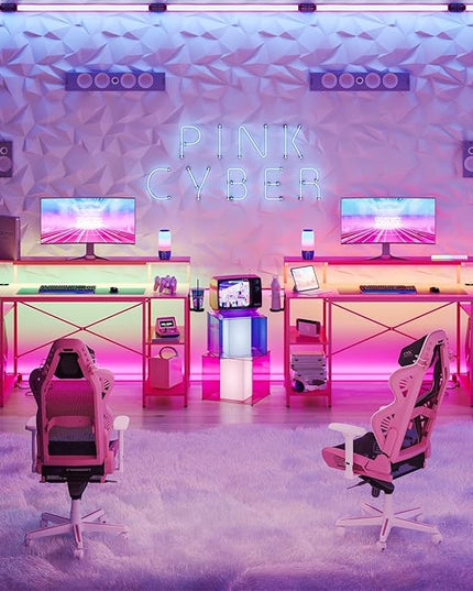 Bestier Pink Gaming Desk with Reversible Power Outlets, 55 inch LED Computer Desk with Monitor Stand & Adjustable Shelves, Writing Desk with Cup Holder & Hook for Home Office, Pink 3D Carbon Fiber - LeafyLoom