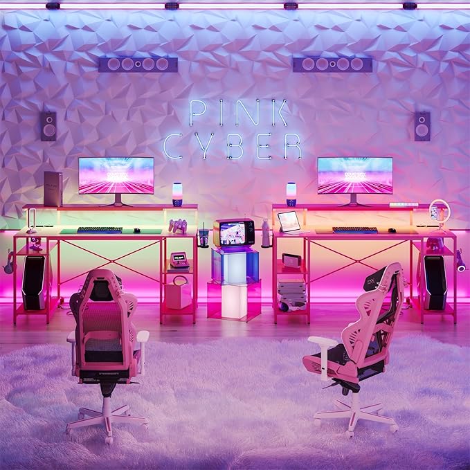 Bestier Pink Gaming Desk with Reversible Power Outlets, 55 inch LED Computer Desk with Monitor Stand & Adjustable Shelves, Writing Desk with Cup Holder & Hook for Home Office, Pink 3D Carbon Fiber - LeafyLoom