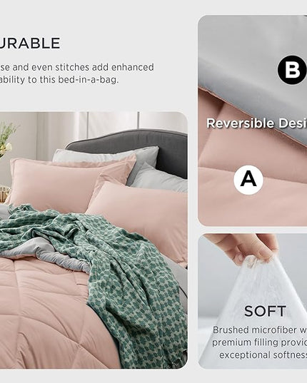Bedsure Blush Pink California King Size Comforter Set - 7 Pieces Reversible Cal King Bed in a Bag Bed Set with Comforters, Sheets, Pillowcases & Shams, California King Bedding Sets - LeafyLoom