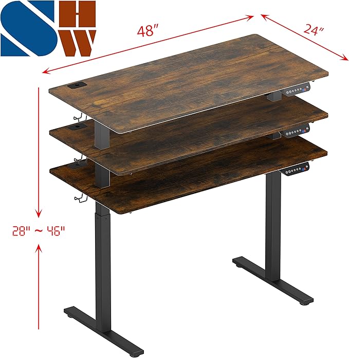 SHW Memory Preset Electric Height Adjustable Standing Desk, 48 x 24 Inches, Rustic Brown - LeafyLoom