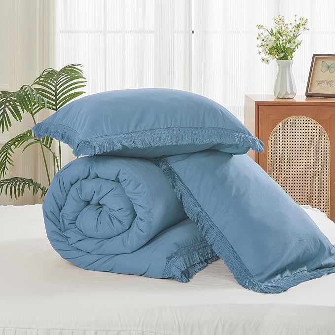 Litanika Grayish Blue Comforter Queen Set, Boho Tassel Comforter Aesthetic 3 Pieces, Lightweight Fringe Microfiber Bedding Set for All Season(1 Comforter 90x90 inch, 2 Pillowcases) - LeafyLoom