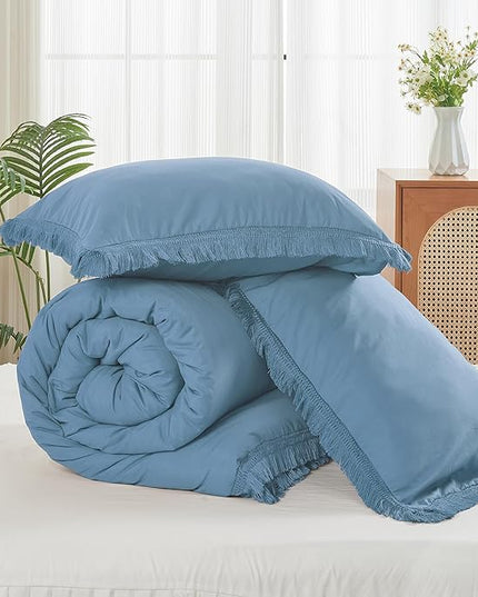 Litanika Grayish Blue King Size Comforter Set, Boho Tassel Comforter Aesthetic 3 Pieces, Lightweight Fringe Microfiber Bedding Set for All Season(1 Comforter 104x90 inch, 2 Pillowcases) - LeafyLoom