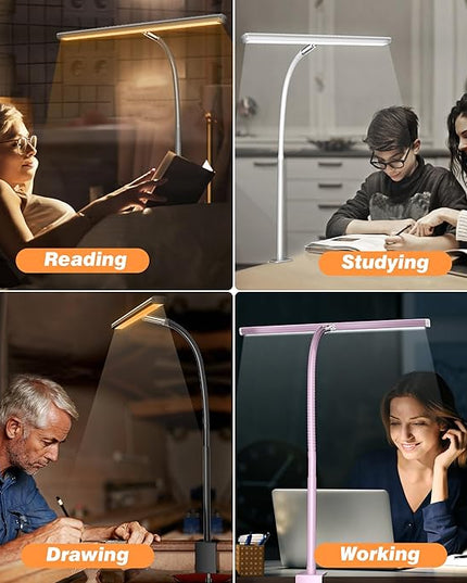 LED Desk Lamp for Office Home, Eye-Caring Desk Light with Stepless Dimming Adjustable Flexible Gooseneck, 10W USB Adapter Desk Lamp with Clamp for Reading, Study, Workbench (Pink) - LeafyLoom