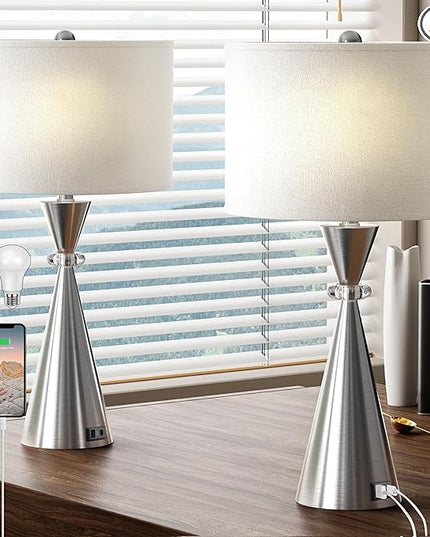 Table Lamps Set of 2, 3-Color Temperature Dimmable Modern Metal Bedside Lamps with 2 USB Ports, 26.5" Large Lamps Nightstand Lamp with White Fabric Shade for Living Room Bedrooms Decorations - LeafyLoom