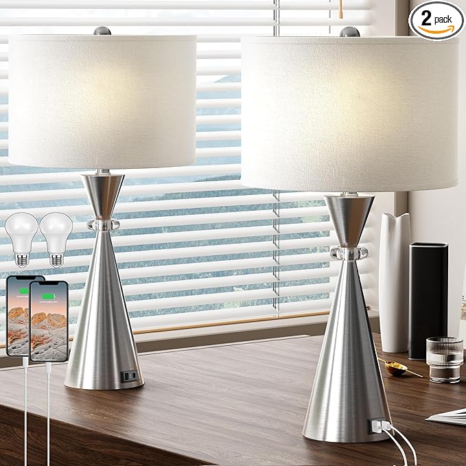Table Lamps Set of 2, 3-Color Temperature Dimmable Modern Metal Bedside Lamps with 2 USB Ports, 26.5" Large Lamps Nightstand Lamp with White Fabric Shade for Living Room Bedrooms Decorations - LeafyLoom