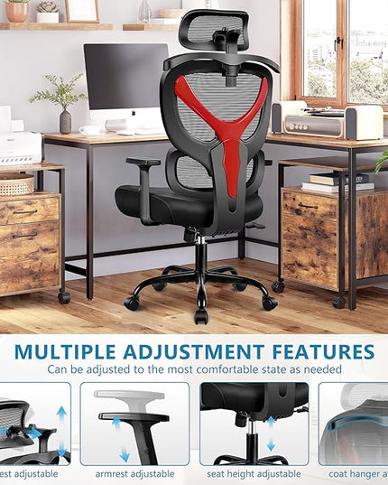 Office Chair Ergonomic Desk Chair Comfy Computer Chair, Big and Tall Home Office Chair with Back Support, Mesh Office Chair High Back Gaming Chair with Adjustable Armrest (Red) - LeafyLoom