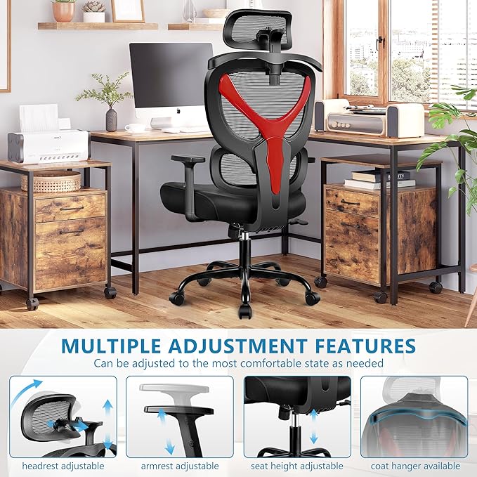 Office Chair Ergonomic Desk Chair Comfy Computer Chair, Big and Tall Home Office Chair with Back Support, Mesh Office Chair High Back Gaming Chair with Adjustable Armrest (Red) - LeafyLoom