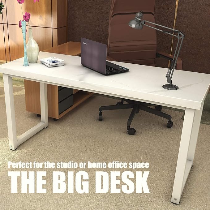 TOPSKY 59" Big Large Computer Office Desk 1.88" Thickness Desktop (White Marble Texture) - LeafyLoom