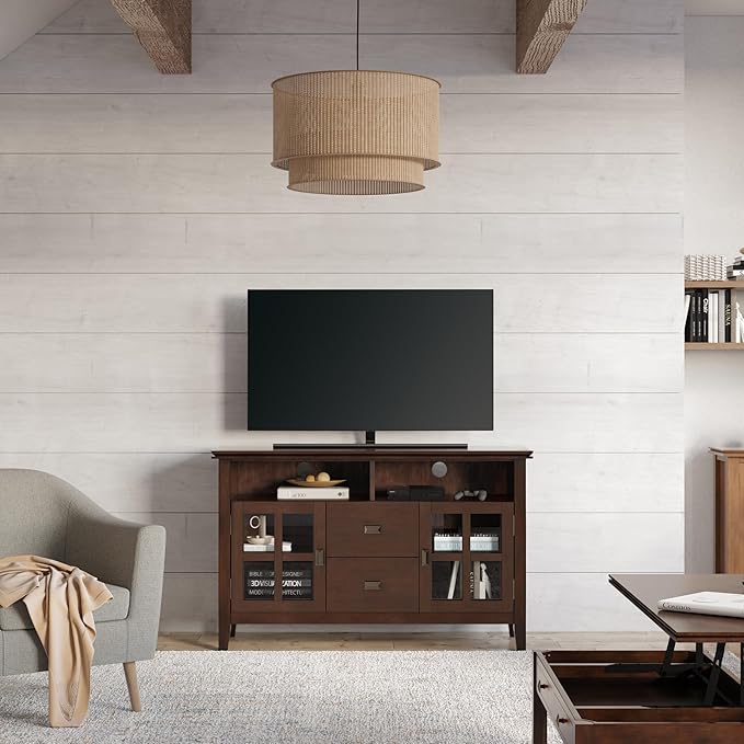 SIMPLIHOME Artisan SOLID WOOD 48 Inch Wide Contemporary TV Media Stand in Russet Brown for TVs up to 55 Inches, For the Living Room and Entertainment Center - LeafyLoom