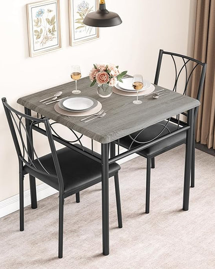 Dining Table Set for 2, 3 Piece Kitchen Table Set with 2 Upholstered Chairs, Square Kitchen Table Set for Small Space, Apartment, Dining Room, Retro Gray - LeafyLoom