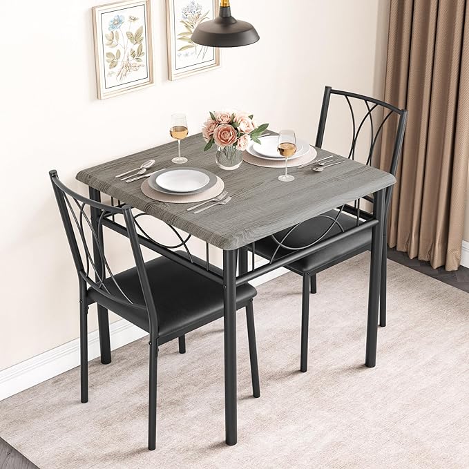 Dining Table Set for 2, 3 Piece Kitchen Table Set with 2 Upholstered Chairs, Square Kitchen Table Set for Small Space, Apartment, Dining Room, Retro Gray - LeafyLoom
