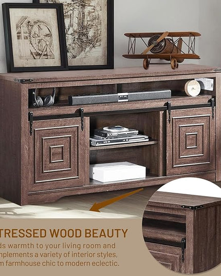 Zanzio 66" Farmhouse TV Stand for up to 75 inch TVs, Rustic Entertainment Center Media Console Table with Sliding Barn Doors Living Room Bedroom Wooden TV Cabinet (Rustic Brown) - LeafyLoom