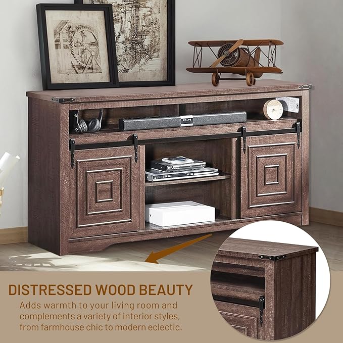 Zanzio 66" Farmhouse TV Stand for up to 75 inch TVs, Rustic Entertainment Center Media Console Table with Sliding Barn Doors Living Room Bedroom Wooden TV Cabinet (Rustic Brown) - LeafyLoom