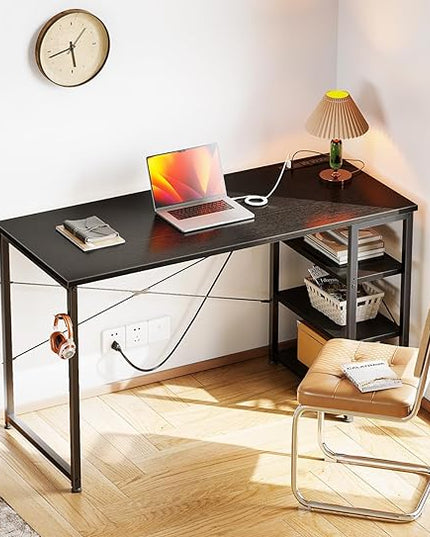 AODK Laptop Desk Office Desk, 48 Inch Computer Desk with Power Outlet and USB & Type-C Charging Port, Writing Desk with 3-Tier Reversible Storage Shelf for Home Office, 48'' x 16'', Black - LeafyLoom