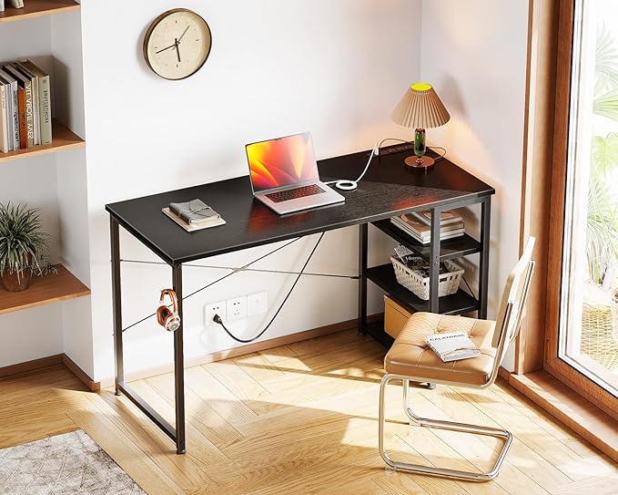 AODK Laptop Desk Office Desk, 48 Inch Computer Desk with Power Outlet and USB & Type-C Charging Port, Writing Desk with 3-Tier Reversible Storage Shelf for Home Office, 48'' x 16'', Black - LeafyLoom