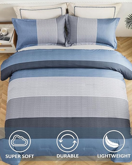 WONGS BEDDING Comforter Set Queen Size, Reversible Blue Grey Striped Patchwork Alternative Comforter for Queen Bed,3 Pieces (1 Comforter+2 Pillowcases), Soft Microfiber Bedding Duvet Set 90”×90” - LeafyLoom