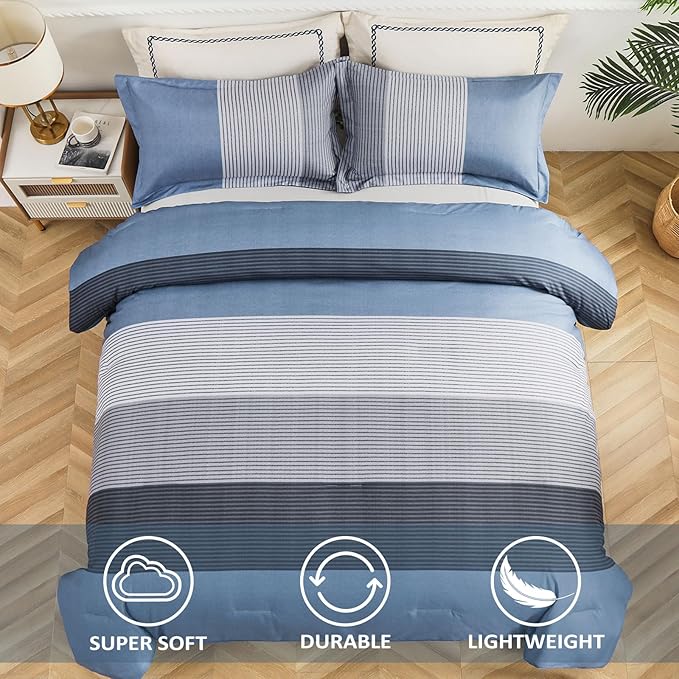 WONGS BEDDING Comforter Set Queen Size, Reversible Blue Grey Striped Patchwork Alternative Comforter for Queen Bed,3 Pieces (1 Comforter+2 Pillowcases), Soft Microfiber Bedding Duvet Set 90”×90” - LeafyLoom