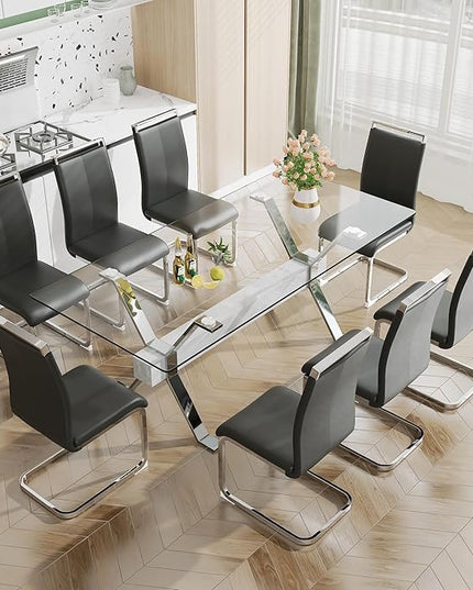 NicBex Dining Table Modern Tempered Glass Dining Table Large Modern Office Desk with Silver Plated Metal Legs and MDF Crossbars, Suitable for Both Home and Office Use, Silver + White - LeafyLoom