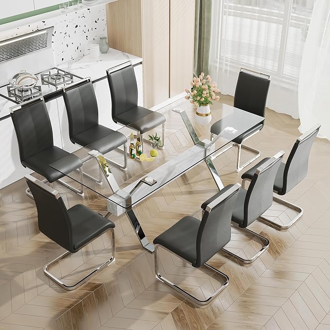 NicBex Dining Table Modern Tempered Glass Dining Table Large Modern Office Desk with Silver Plated Metal Legs and MDF Crossbars, Suitable for Both Home and Office Use, Silver + White - LeafyLoom