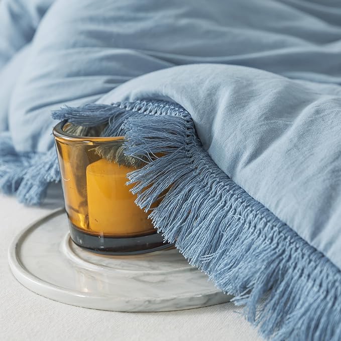 Andency Grayish Blue Comforter Set King Size, 3 Pieces Boho Tassel Lightweight Bedding Comforter Sets, All Season Soft Fluffy Fringe Bed Set (104x90In Comforter & 2 Pillowcases) - LeafyLoom