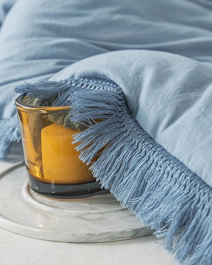 Andency Grayish Blue Comforter Set Full Size, 3 Pieces Boho Tassel Lightweight Bedding Comforter Sets, All Season Soft Fluffy Fringe Bed Set (79x90In Comforter & 2 Pillowcases) - LeafyLoom