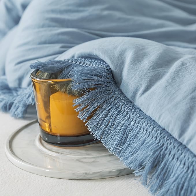 Andency Grayish Blue Comforter Set Full Size, 3 Pieces Boho Tassel Lightweight Bedding Comforter Sets, All Season Soft Fluffy Fringe Bed Set (79x90In Comforter & 2 Pillowcases) - LeafyLoom