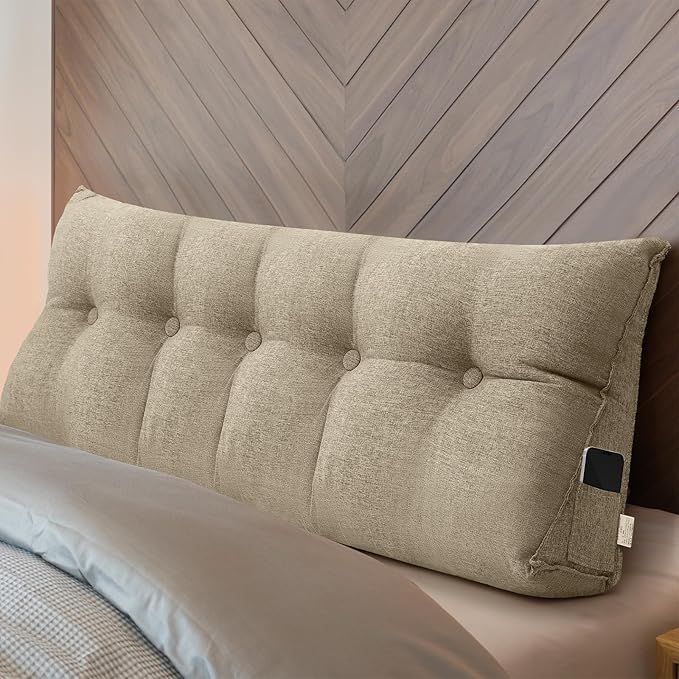 Headboard Wedge Pillow Triangular Bed Rest Reading Backrest Body Bolster Cushion Back Support Long Bolster Pillow for Bed Gifts with Removable Cover (Khaki Gray,Queen (59 x 20 x 8 Inch)) - LeafyLoom