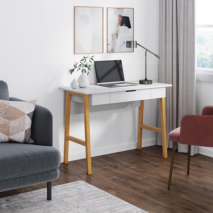 Nathan James Jacklyn Modern Home Office Writing Desk, White/Brown - LeafyLoom