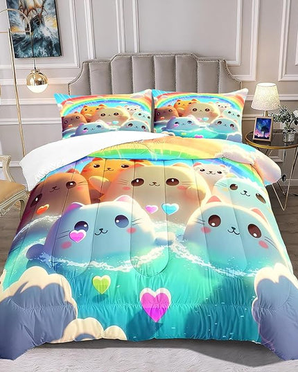 Queen Cat Comforter Set, Girls Kawaii Cat Bedding Sets, 1 Comforter+2 Pillowcases, Microfiber, Printed, Modern Style, 3 Pieces - LeafyLoom