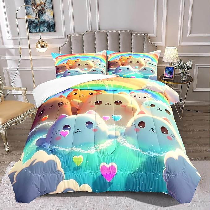 Queen Cat Comforter Set, Girls Kawaii Cat Bedding Sets, 1 Comforter+2 Pillowcases, Microfiber, Printed, Modern Style, 3 Pieces - LeafyLoom