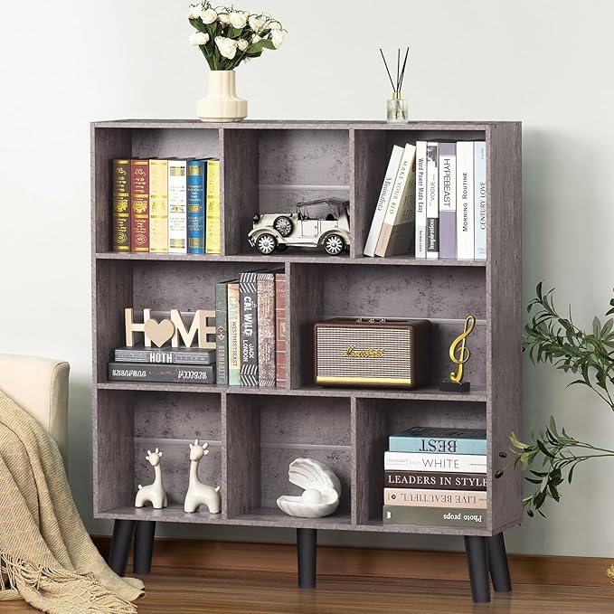 LEYAOYAO 8 Cube Bookshelf,Farmhouse Bookcase with Legs,Modern Dirty Grey Mid-Century Bookshelves,Large 3 Tier Open Storage Organizer Shelf, Retro Wood Display Book Case - LeafyLoom