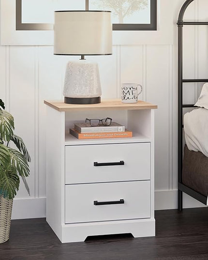 Prepac 2 Drawer Nightstand, 16.25in x 18.75in x 24.5in, White & Oak - LeafyLoom