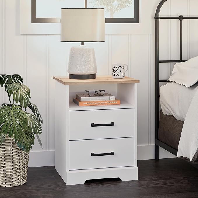Prepac 2 Drawer Nightstand, 16.25in x 18.75in x 24.5in, White & Oak - LeafyLoom