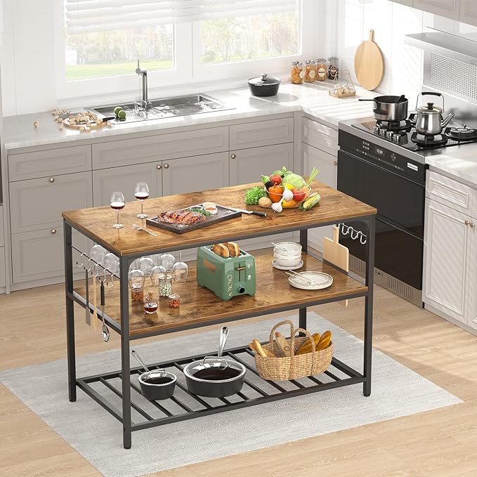 Homieasy Kitchen Island with Wine Glass Holder, Industrial Wood and Metal Coffee Bar Rack, 3 Tier Spacious Prep Table Extended Counter with Hooks Easy to Assemble, Rustic Brown - LeafyLoom