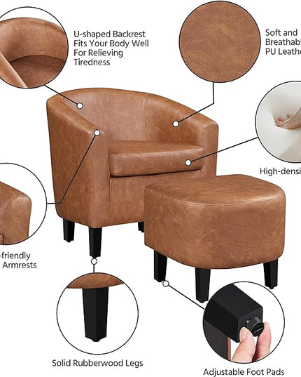 Yaheetech Accent Chair with Ottoman Footstool, PU Leather Modern Upholstered Soft Barrel Chair, Comfy Club Armchair and Footrest Set for Living Room/Bedroom/Reading Room/Guestroom, Brown - LeafyLoom