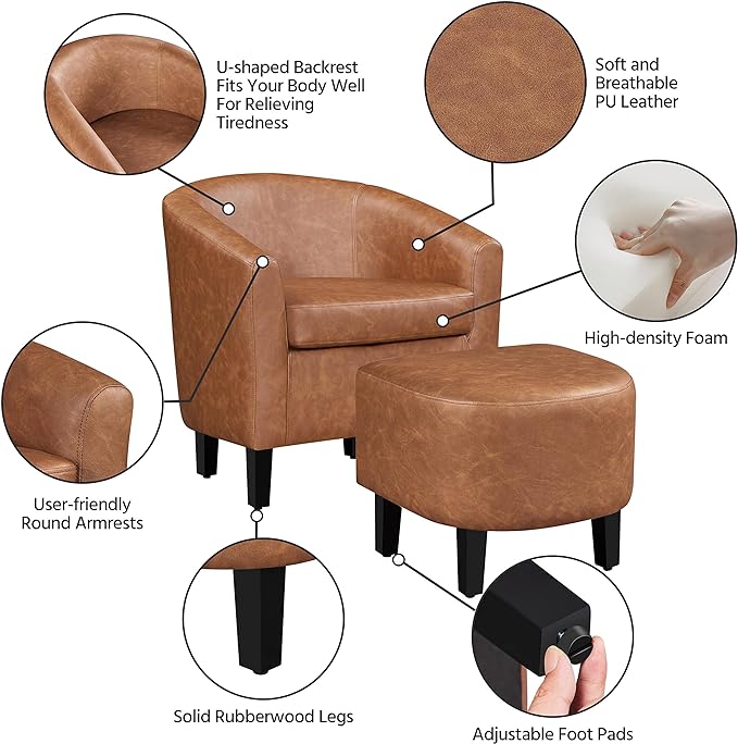 Yaheetech Accent Chair with Ottoman Footstool, PU Leather Modern Upholstered Soft Barrel Chair, Comfy Club Armchair and Footrest Set for Living Room/Bedroom/Reading Room/Guestroom, Brown - LeafyLoom