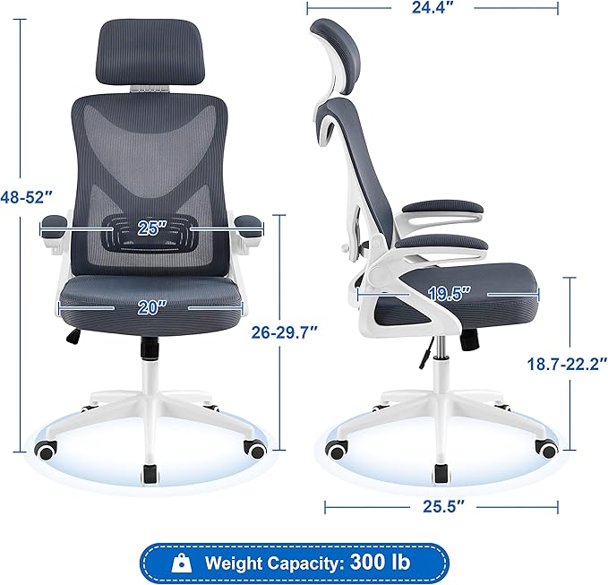 Yaheetech Ergonomic Mesh Office Chair, High Back Desk Chair with with flip-up Armrests, Adjustable Padded Headrest Computer Chair with Lumbar Support for Home Oiffce Game Room, White/Gray - LeafyLoom